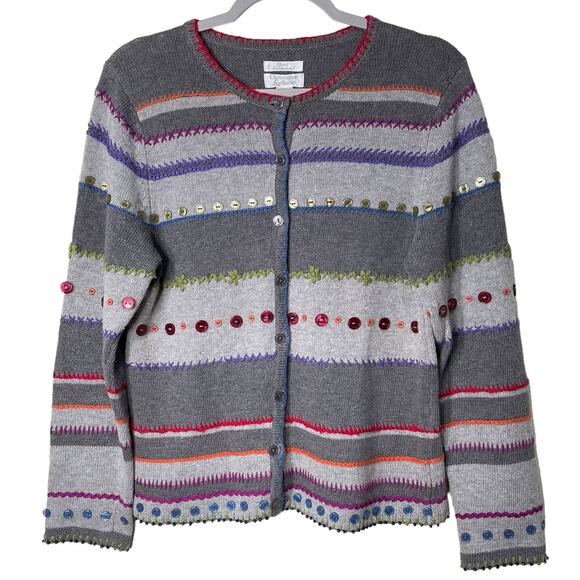 Vintage Gray Stripe Embellished Button Bead Hand Embroidered Cardigan Sweater M - Picture 1 of 7